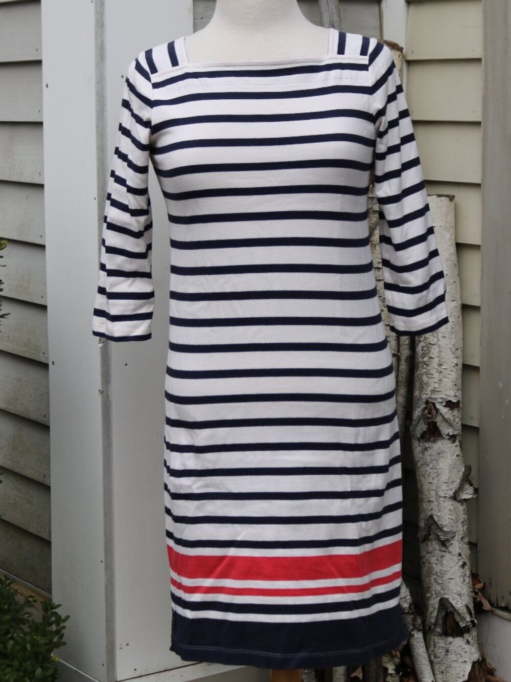 LL Bean Mariner White Red Blue Stripes Square Boat Neck Nautical Cotton Dress XS
